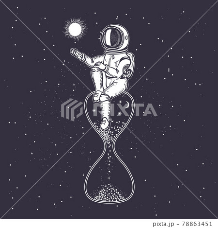 An astronaut is sitting on a hourglass. The sun is in the hands of a man. 78863451