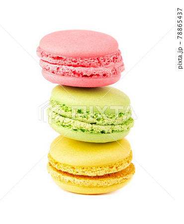 Fresh macaroons isolated on white background. Sweet and colourful french macaron. 78865437
