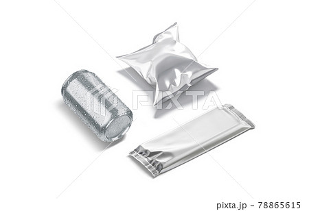 Blank silver soda can, chips and chocolate pack mockup Blank silver soda can, chips and chocolate pack mockup 78865615