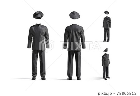 Blank black chef uniform mock up, front and side view Blank black chef uniform mock up, front and side view 78865815