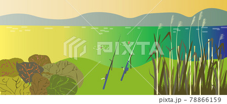 Landscape with lake and fishing rods Landscape with lake and fishing rods 78866159