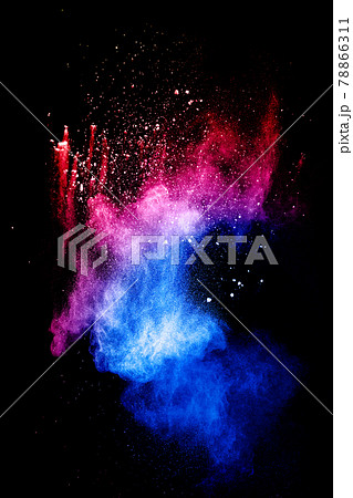 Red blue powder explosion cloud on black background.Launched blue dust particles splash. 78866311