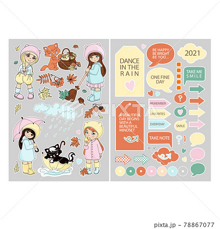 NOVEMBER STICKERS FOR PLANNER Cartoon Girls And Autumn Nature Elements Printable And Plotter Cutting Page Template For Schedule Clip Art Vector illustration Set 78867077