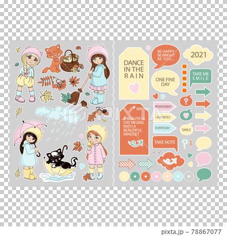 NOVEMBER STICKERS FOR PLANNER Cartoon Girls And Autumn Nature Elements Printable And Plotter Cutting Page Template For Schedule Clip Art Vector illustration Set 78867077