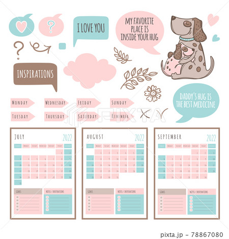 DOG PLANNER 2022 Template Schedule And Collection With Design Elements For A Three Months For Printable And Plotter Cutting Clip Art Vector illustration Set 78867080