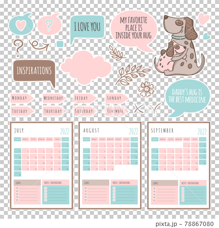 DOG PLANNER 2022 Template Schedule And Collection With Design Elements For A Three Months For Printable And Plotter Cutting Clip Art Vector illustration Set DOG PLANNER 2022 Template Schedule And Collection With Design Elements For A Three Months For Printable And Plotter Cutting Clip Art Vector illustration Set 78867080