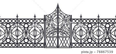 Iron vector gate, wrought metal fence seamless border isolated on white, mansion antique entrance 78867539