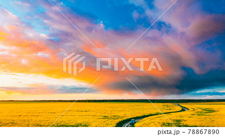 Aerial View Of Car SUV Parked Near Countryside Road In Spring Field Rural Landscape. Flowering Blooming Rapeseed, Oilseed In Field Meadow In Spring Season. Blossom Of Canola Yellow Flowers 78867890