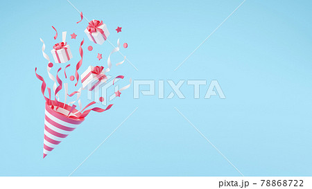 Party popper with flying confetti and gift boxes 3d render illustration. 78868722