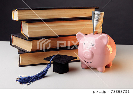 Piggy bank with stack of books. College, graduate, education concept Piggy bank with stack of books. College, graduate, education concept 78868731