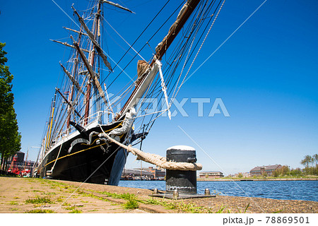 Den Helder, the Netherlands. May 5, 2021. Old clipper moored at the quay of the former shipyard Willemsoord in Den Helder, the netherlands. 78869501