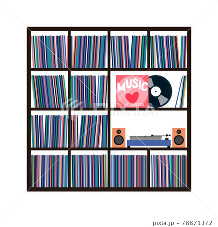 Vinyl collection on shelves with turntable and acoustic system. Stacks of music records in sleeves. Vector Vinyl collection on shelves with turntable and acoustic system. Stacks of music records in sleeves. Vector 78871372