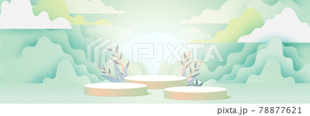 3d Paper cut abstract minimal geometric shape template background.Cylinder podium on green nature landscape mountains and clouds background. 78877621