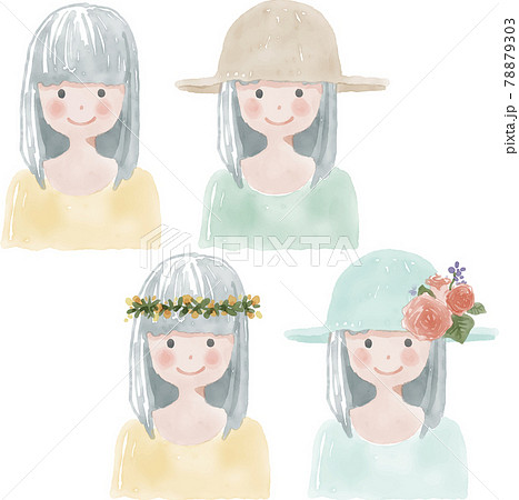 帽子や花かんむりを被った水彩の女の子のイラスト素材