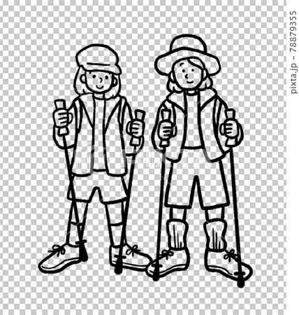 トレッキングウェアを着た女性2人のイラスト　線画 78879355