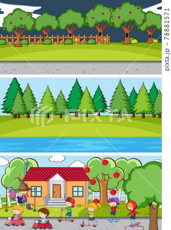 Set of different horizontal scenes background with doodle kids cartoon character Set of different horizontal scenes background with doodle kids cartoon character 78881571