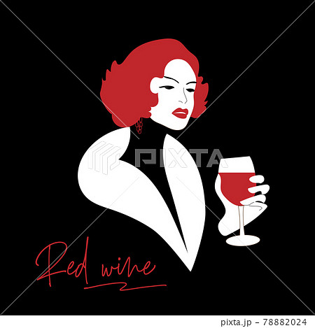 Retro woman with a glass of red wine - Stock Illustration [78882024] - PIXTA