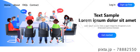 mix race businesspeople team in masks discussing during meeting chat bubble communication brainstorming 78882550