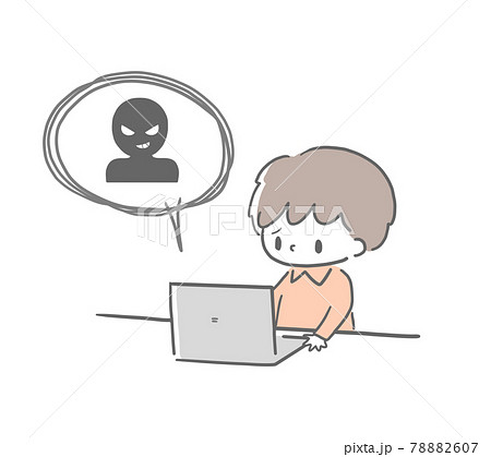 ネットなどでのトラブルとパソコンと男の子の手描き風シンプルイラスト 78882607