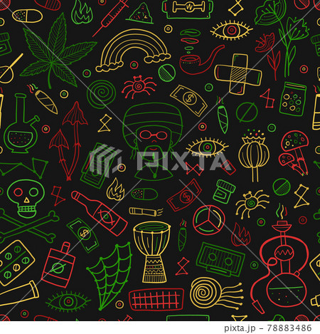 Drugs addiction. Say no to drugs. Rasta collection with skull, marijuana, drum, pills, music symbols. Seamless pattern background 78883486