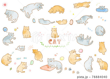 かわいい手描きの猫の水彩イラストセットのイラスト素材