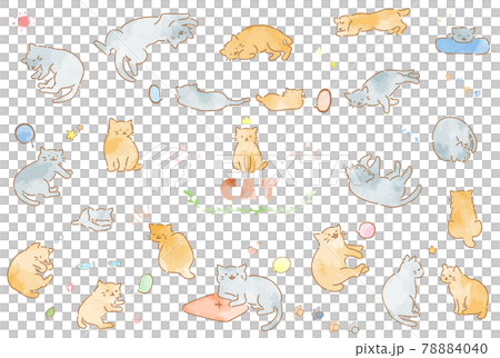 かわいい手描きの猫の水彩イラストセット 78884040
