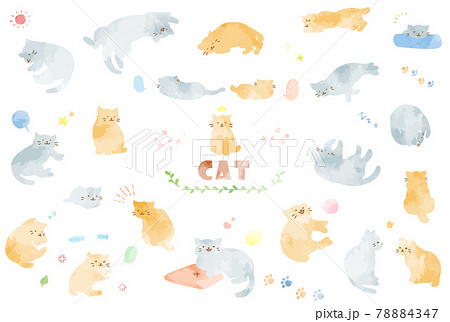 かわいい水彩の猫のイラストセットのイラスト素材