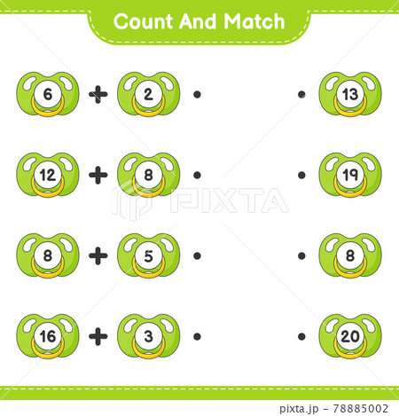 Count and match, count the number of Pacifier and match with the right numbers. Educational children game, printable worksheet, vector illustration Count and match, count the number of Pacifier and match with the right numbers. Educational children game, printable worksheet, vector illustration 78885002
