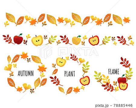 秋の葉っぱとリンゴとドングリのフレームとラインのベクターイラスト素材 紅葉 落ち葉のイラスト素材