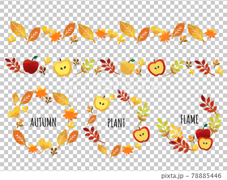 秋の葉っぱとリンゴとドングリのフレームとラインのベクターイラスト素材/紅葉/落ち葉 秋の葉っぱとリンゴとドングリのフレームとラインのベクターイラスト素材/紅葉/落ち葉 78885446
