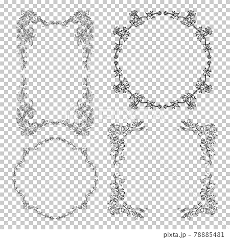 アンティーク風)手描きカスレ・白黒ボタニカル(植物)フレームセット アンティーク風)手描きカスレ・白黒ボタニカル(植物)フレームセット 78885481