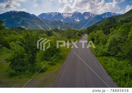 緑に包まれた松川河川敷の道路と白馬三山の雄大な眺め 長野県白馬村(ドローンによる空撮) 緑に包まれた松川河川敷の道路と白馬三山の雄大な眺め 長野県白馬村(ドローンによる空撮) 78885658