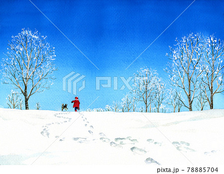 雪原を走る子供と犬のイラスト素材
