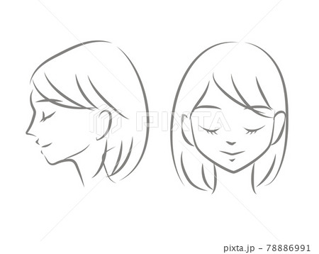 女性の正面と横顔の線画イラストのイラスト素材