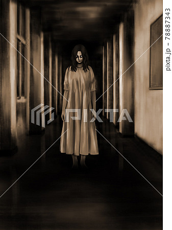 暗い廊下に現れた女の子の幽霊セピアのイラスト素材