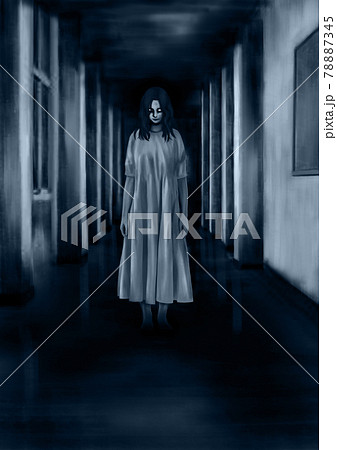 暗い廊下に現れた女の子の幽霊青のイラスト素材