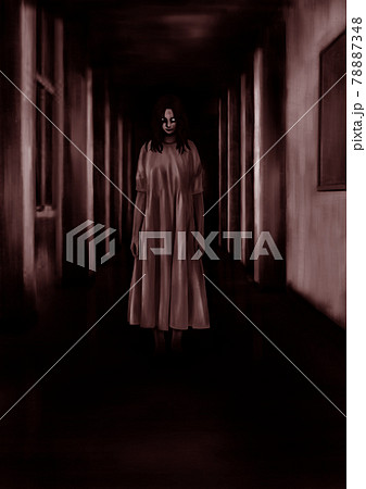暗い廊下に現れた女の子の幽霊赤のイラスト素材