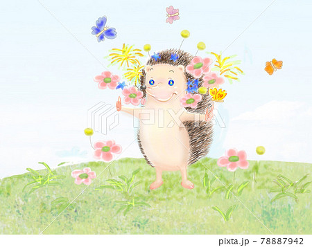 花に囲まれたハリネズミのイラスト素材
