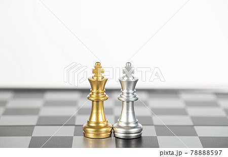 The silver king chess and the gold king chess on the empty chess board , business strategy The silver king chess and the gold king chess on the empty chess board , business strategy 78888597