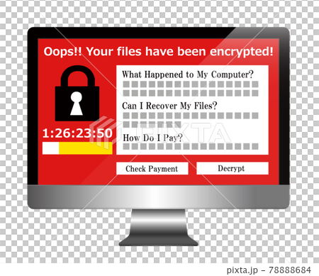 顯示感染勒索軟件病毒的屏幕的計算機顯示器 顯示感染勒索軟件病毒的屏幕的計算機顯示器 78888684