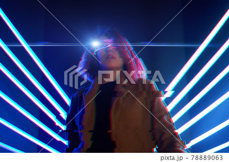 Cyber girl. Beautiful young woman, futuristic style. Image with glitch effect. Cyber girl. Beautiful young woman, futuristic style. Image with glitch effect. 78889063