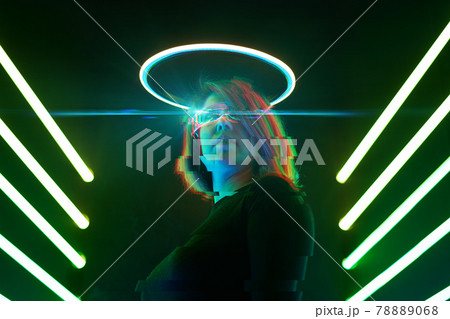 Cyber girl. Beautiful young woman, futuristic style. Image with glitch effect. Cyber girl. Beautiful young woman, futuristic style. Image with glitch effect. 78889068