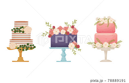 Creamy Tier Cake Decorated with Flowers and Twigs Standing on Pedestal Cake Plate Vector Set Creamy Tier Cake Decorated with Flowers and Twigs Standing on Pedestal Cake Plate Vector Set 78889191