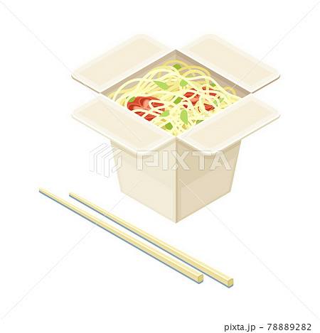 Open Cardboard Box with Chopsticks and Chinese Udon Noodle Vector Illustration 78889282
