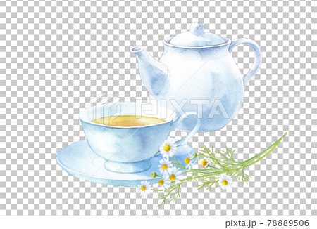 カモミールティーの水彩イラスト。白いティーセットとハーブティ。 78889506