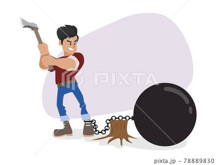 man holding an ax to cut metal chain The concept of getting out of debt or cutting out bad habits. flat vector illustration isolated on white background 78889830