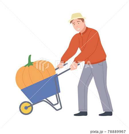 Male Farmer Pushing Wheelbarrow with Mature Pumpkin Vector Illustration 78889967