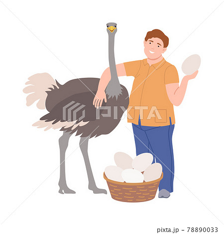 Happy Male Farmer Holding Huge Ostrich Egg Vector Illustration 78890033