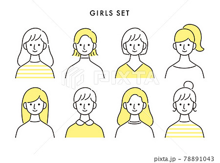 女性のバリエーションアイコンセット 上半身 シンプル イエロー 78891043