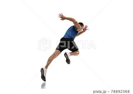 Caucasian professional male athlete, runner training isolated on white studio background. Muscular, sportive man. Concept of action, motion, youth, healthy lifestyle. Copyspace for ad. Caucasian professional male athlete, runner training isolated on white studio background. Muscular, sportive man. Concept of action, motion, youth, healthy lifestyle. Copyspace for ad. 78892368